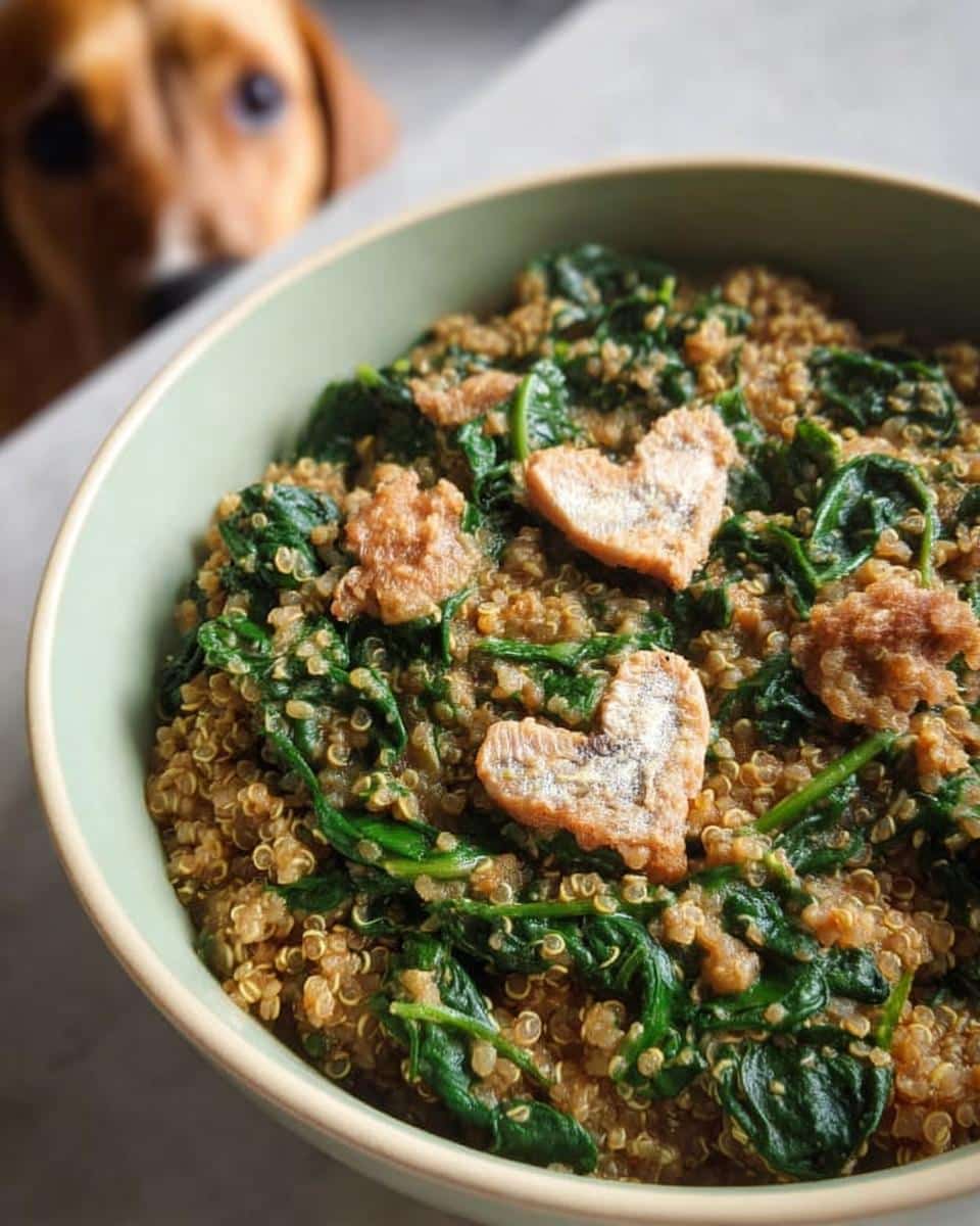 A bowl of homemade dog food featuring sardines, quinoa, and spinach, topped with heart-shaped sardine pieces.