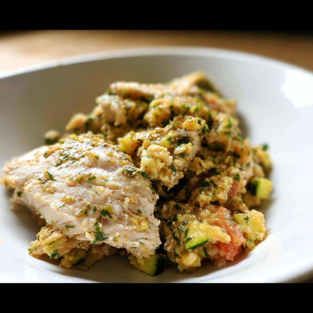 A close-up of a healthy dog food dish featuring cooked tilapia, oats, and zucchini.