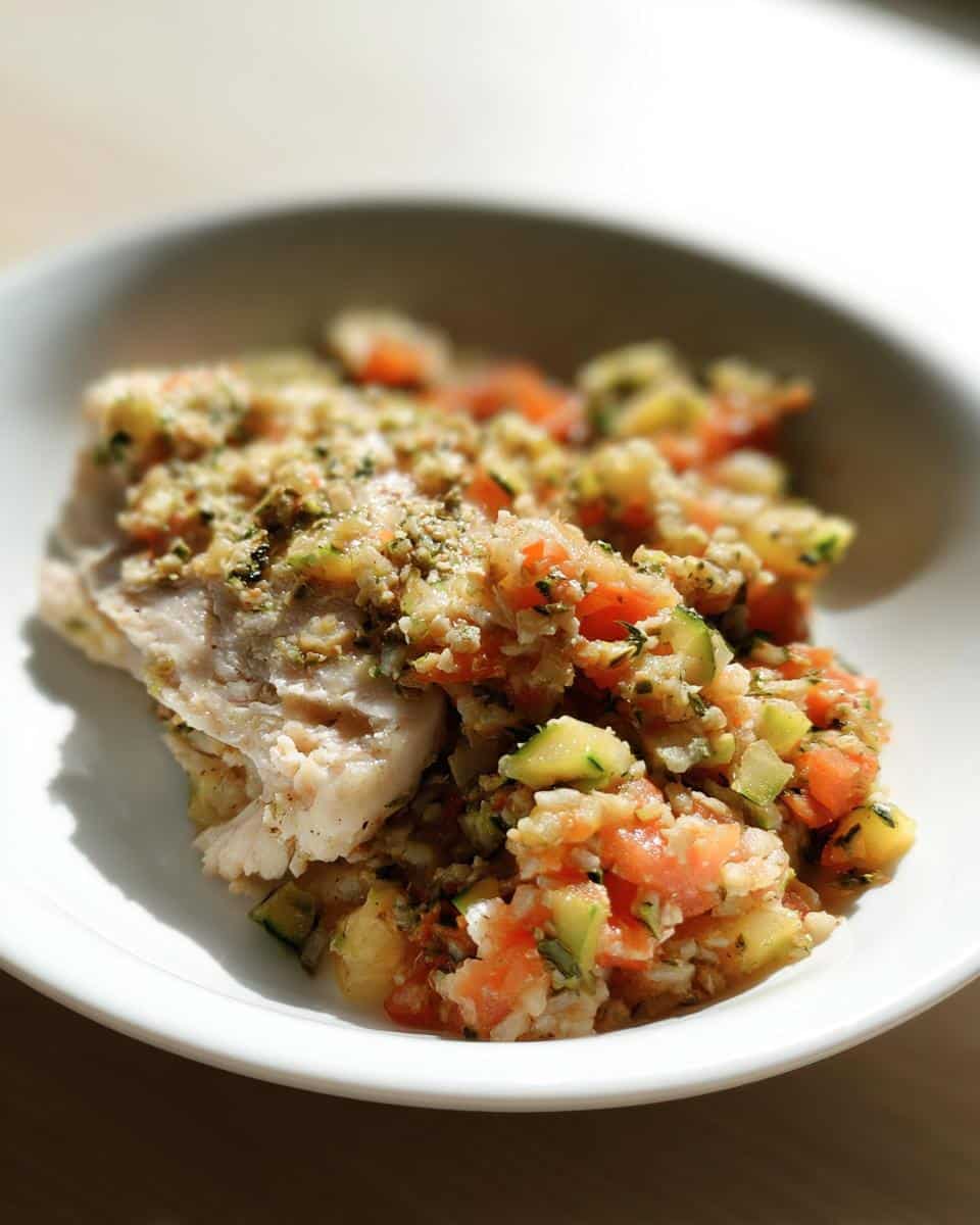 A close-up of a white bowl filled with a healthy dog food mixture of tilapia, oats, and zucchini.