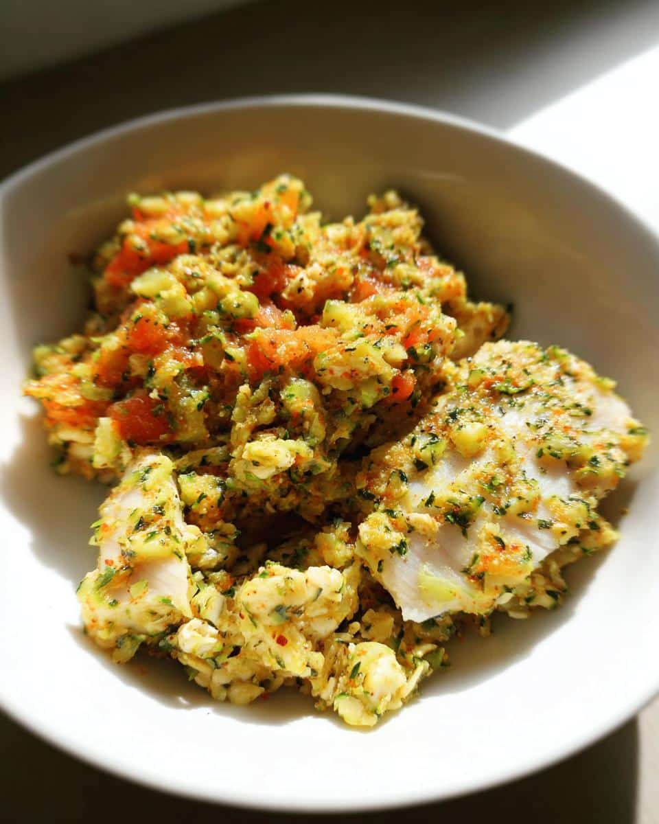 A close-up of a white bowl filled with a homemade dog food recipe featuring tilapia, oats, and zucchini.