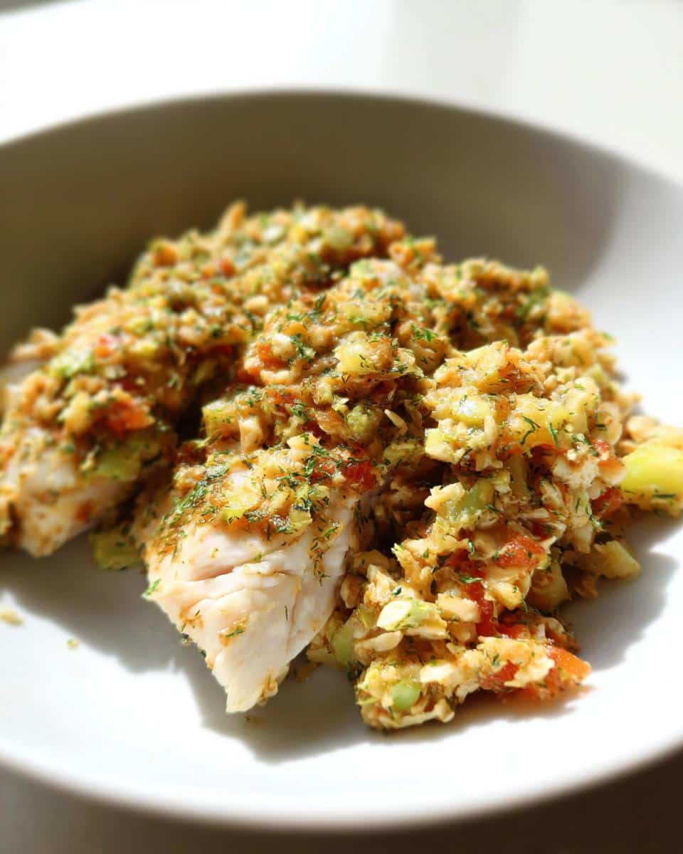 Cooked tilapia fish topped with a mixture of oats, zucchini, and herbs for dog food.
