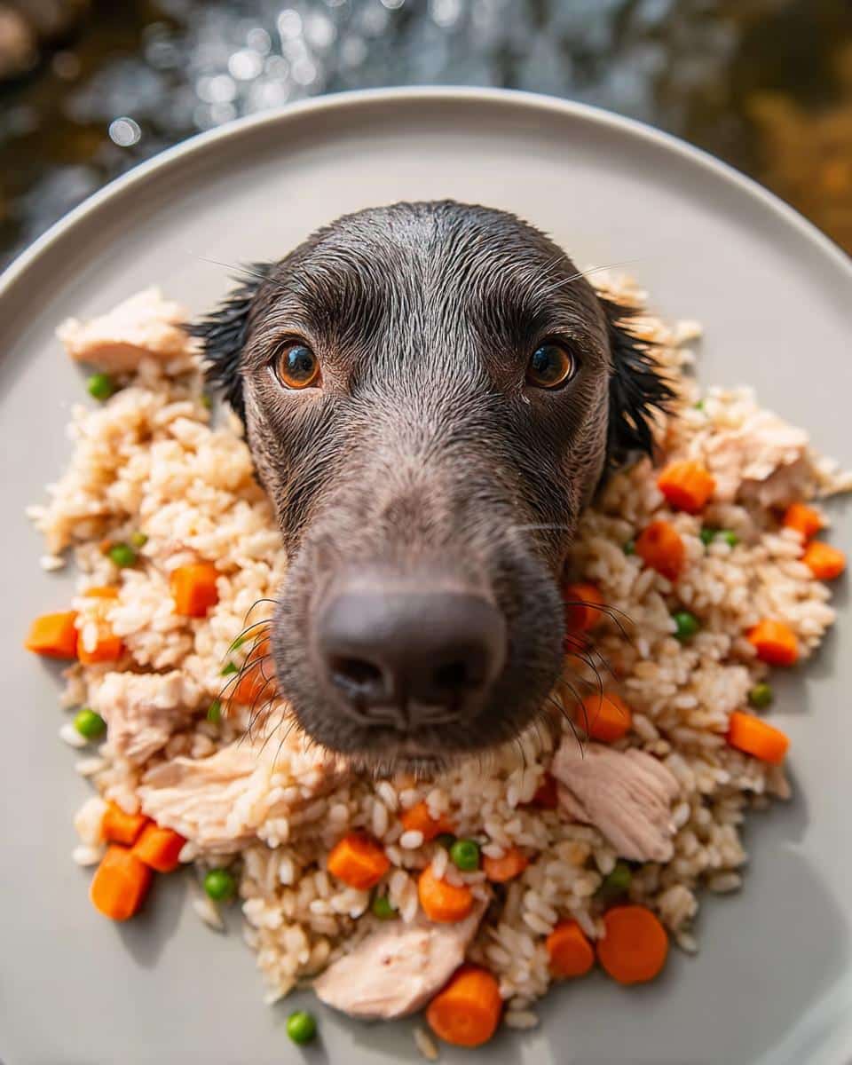 A dog's face peeking over a plate of Trout, Rice & Carrots Dog Food, with visible pieces of trout, rice, carrots, and peas.