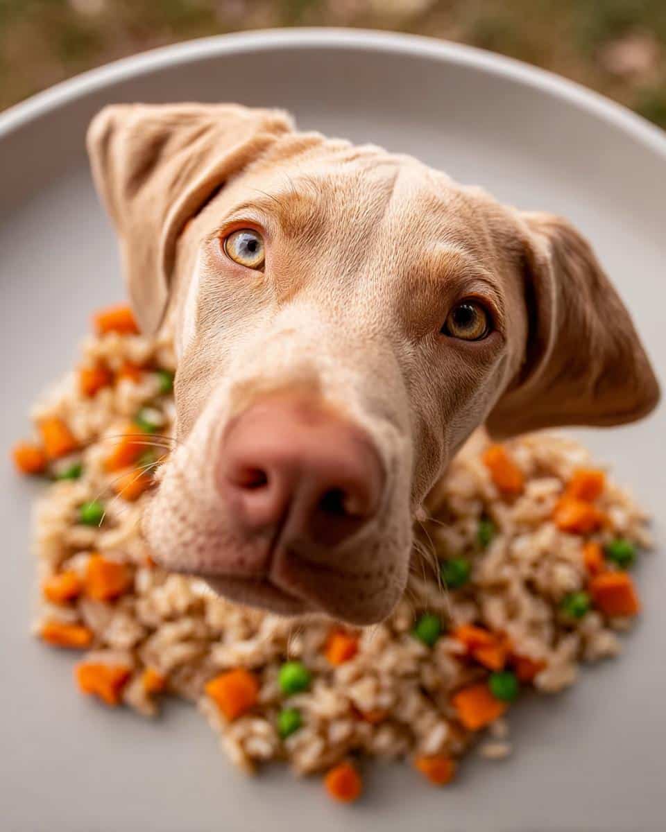 A light brown dog looking down at a plate of Trout, Rice & Carrots Dog Food.