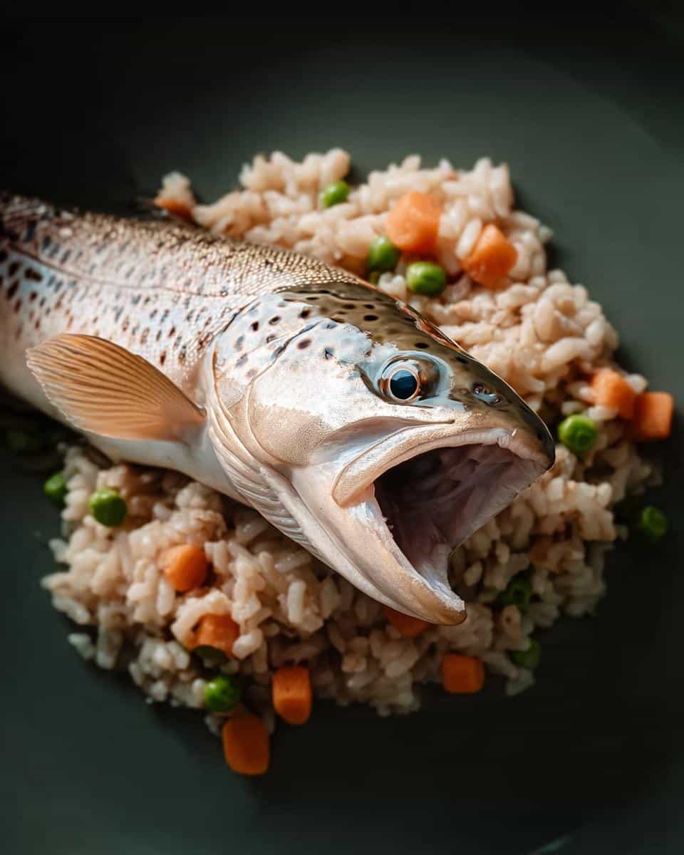 A whole trout fish placed on a bed of rice with peas and carrots, representing Trout, Rice & Carrots Dog Food.