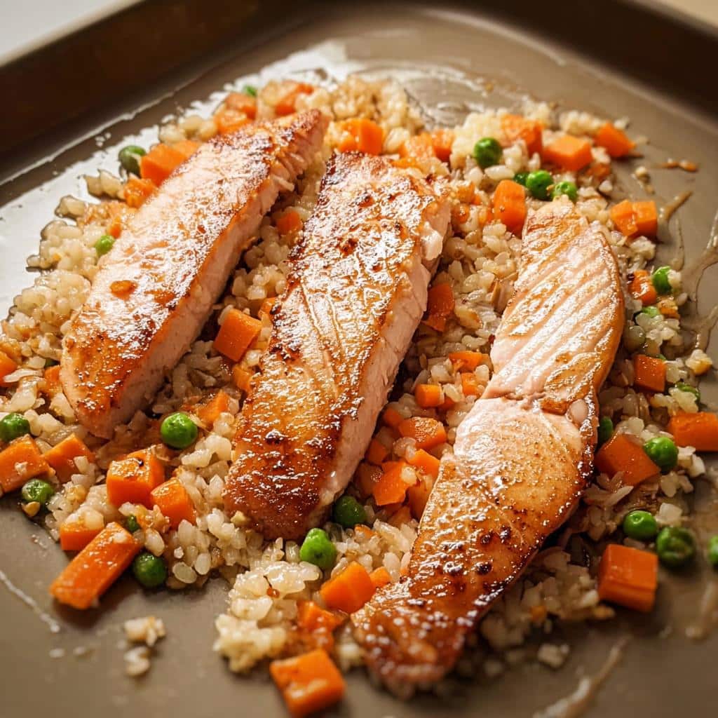 Three cooked fillets of trout served over a bed of rice with diced carrots and peas, representing Trout, Rice & Carrots Dog Food.