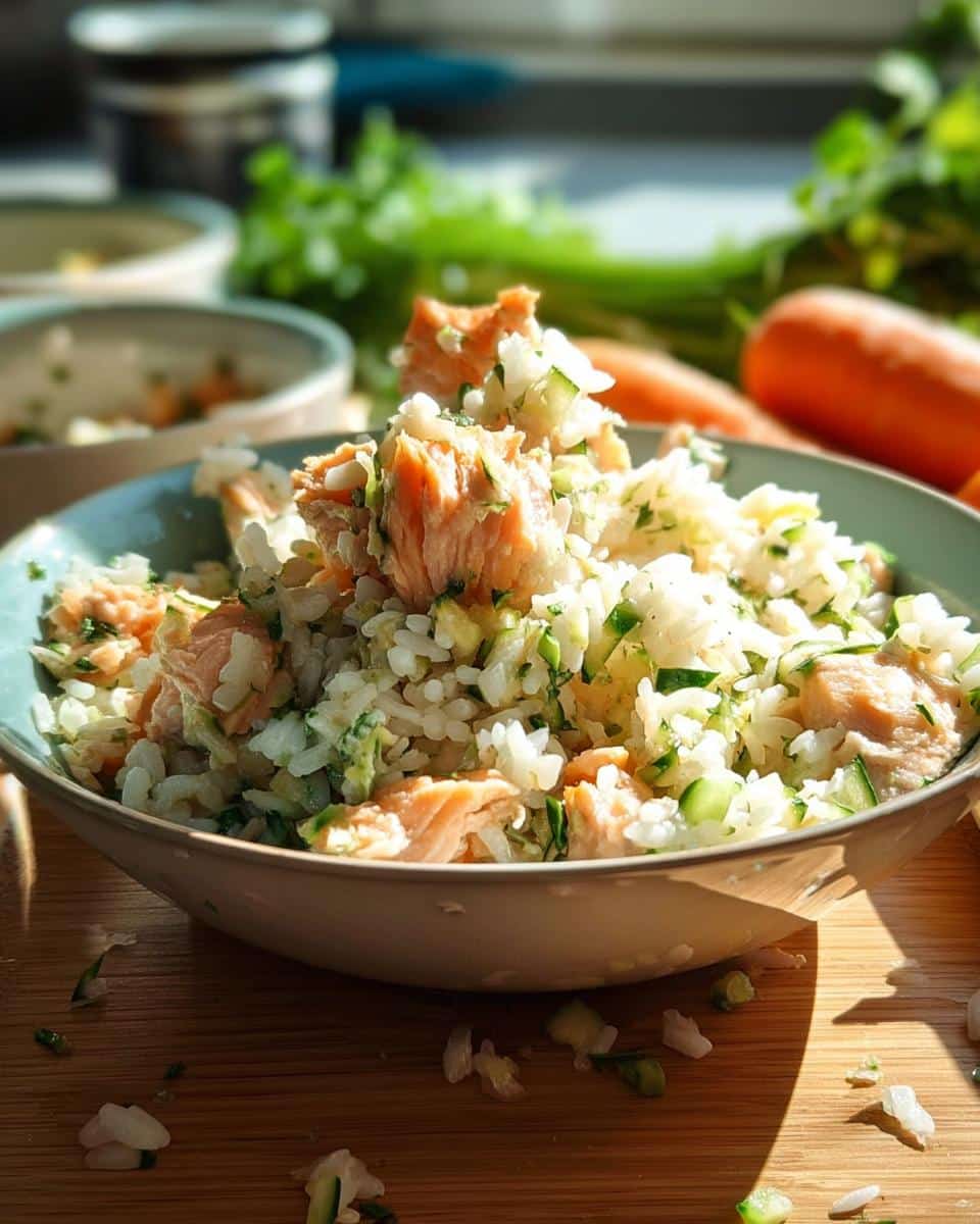 A close-up of a bowl filled with Trout, Rice & Zucchini Dog Food, showing chunks of salmon mixed with rice and chopped zucchini.