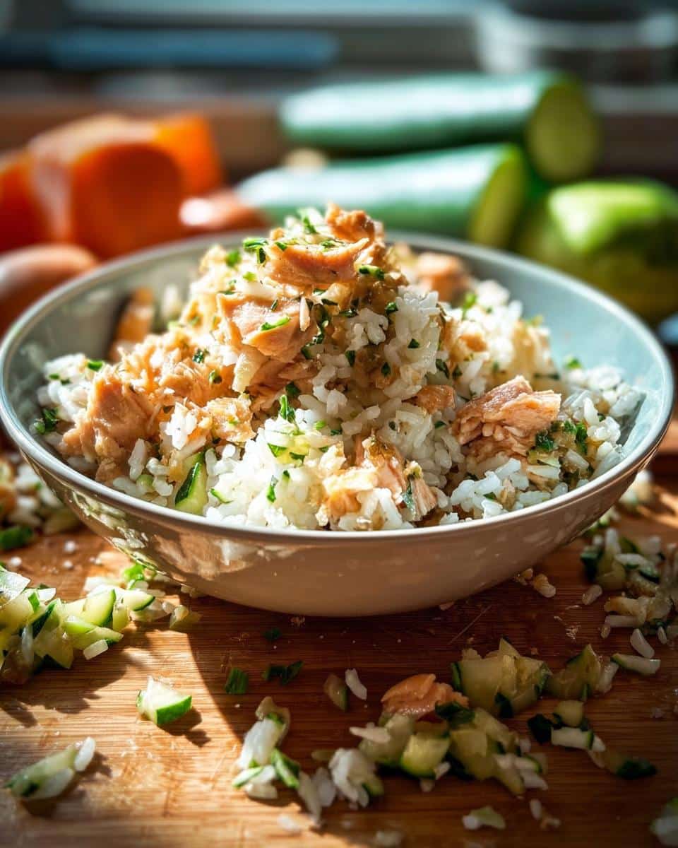 A bowl of homemade Trout, Rice & Zucchini Dog Food, topped with flaked trout and herbs.