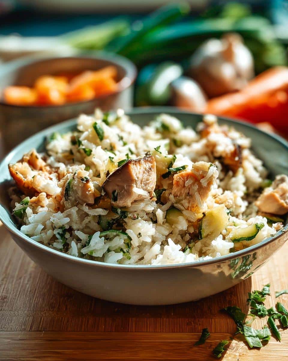 A close-up of a bowl filled with Trout, Rice & Zucchini Dog Food, showing chunks of trout, white rice, and sliced zucchini.