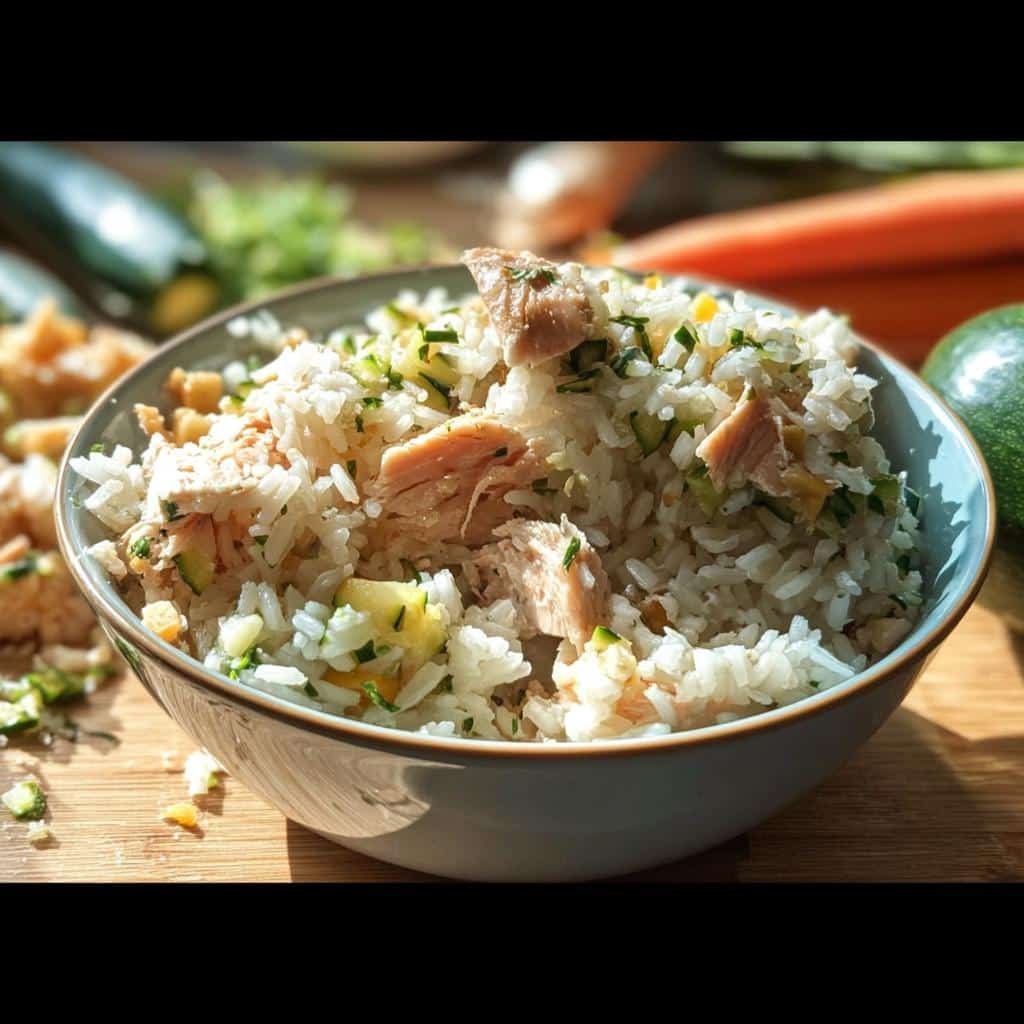 A close-up of a bowl filled with Trout, Rice & Zucchini Dog Food, showing chunks of trout and chopped zucchini mixed with rice.