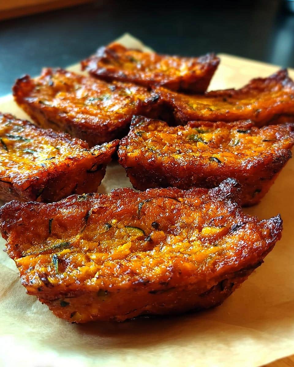 Close-up of baked Trout & Sweet Potato Zucchini Dog Food Recipe bites, golden brown and slightly crisp.