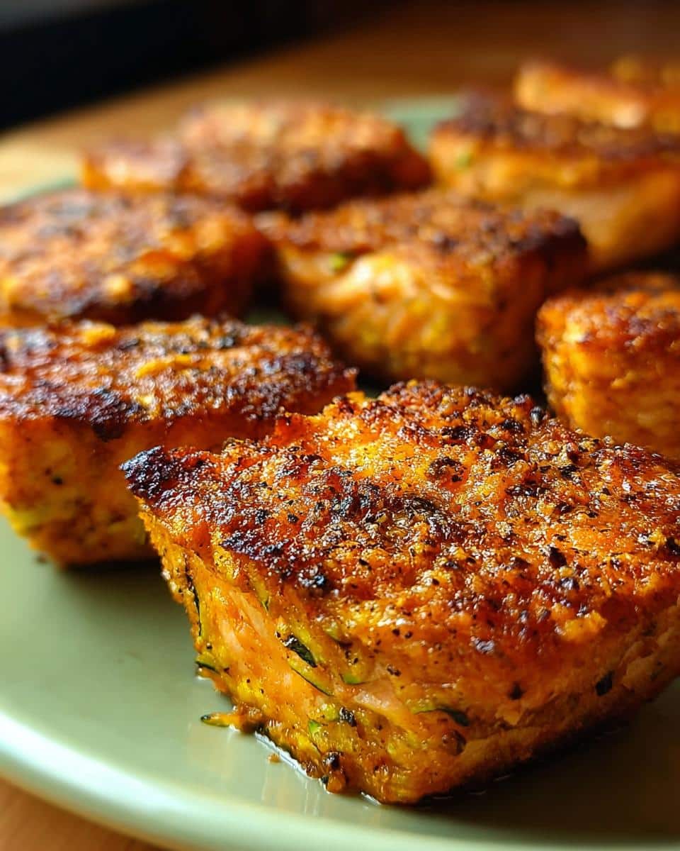 Close-up of baked Trout & Sweet Potato Zucchini Dog Food bites on a green plate.