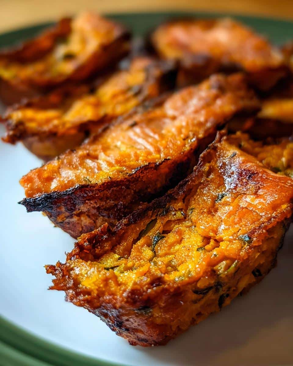 Close-up of baked Trout & Sweet Potato Zucchini Dog Food Recipe bites on a white plate.