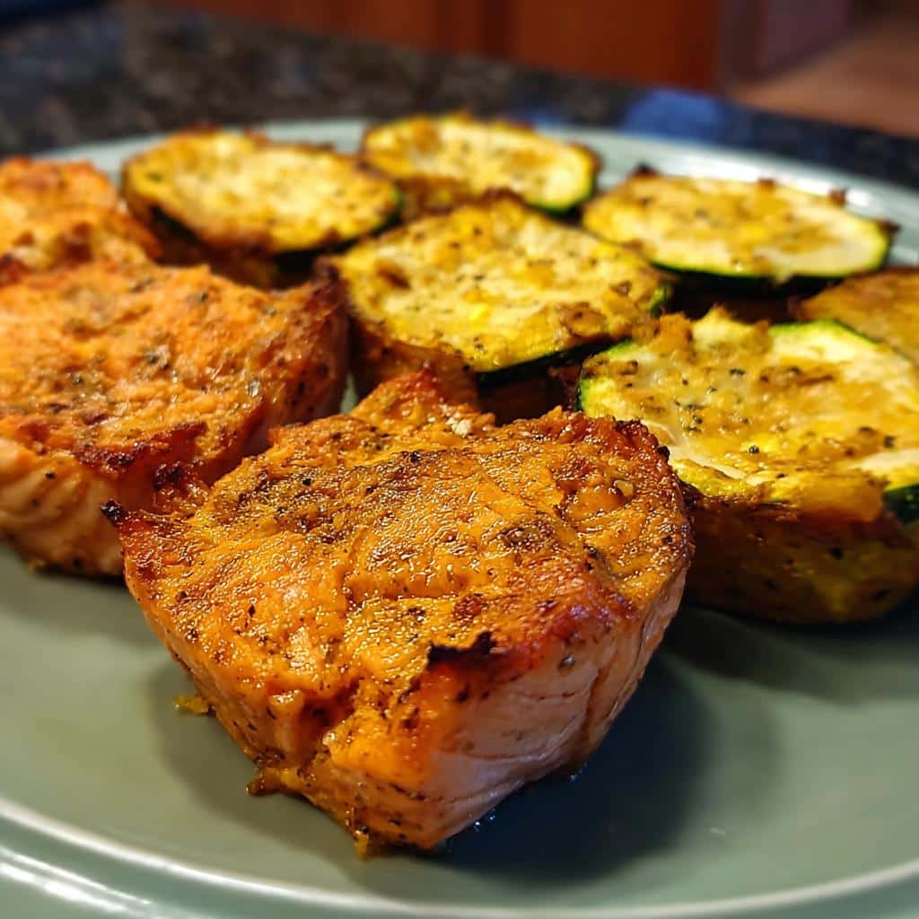 Close-up of baked trout and sweet potato zucchini dog food recipe on a plate.