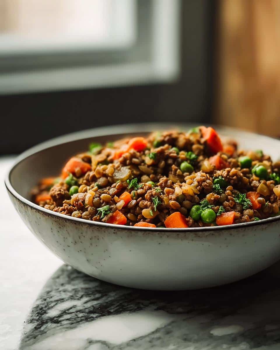 A bowl of homemade dog food made with turkey, lentils, peas, and carrots, garnished with parsley.