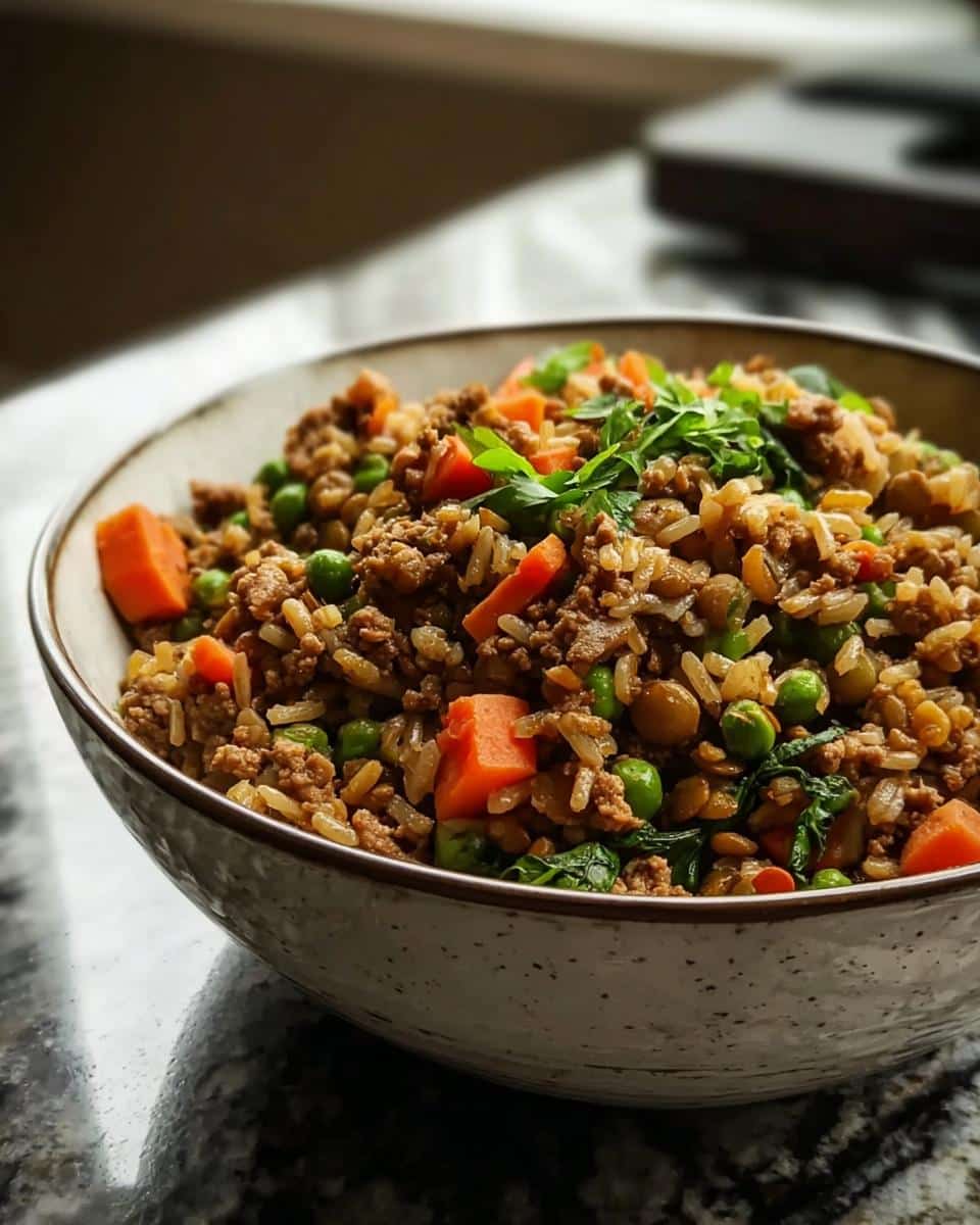 A bowl of homemade dog food featuring turkey, lentils, rice, peas, carrots, and spinach, garnished with parsley.