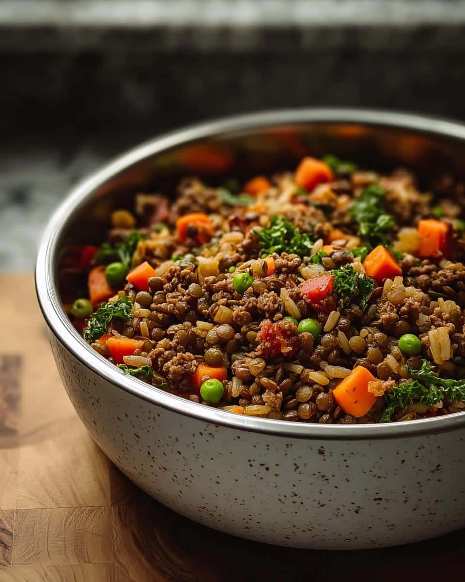 Close-up of a bowl filled with homemade Turkey, Lentils & Pumpkin Dog Food, showing ground turkey, lentils, peas, carrots, and greens.