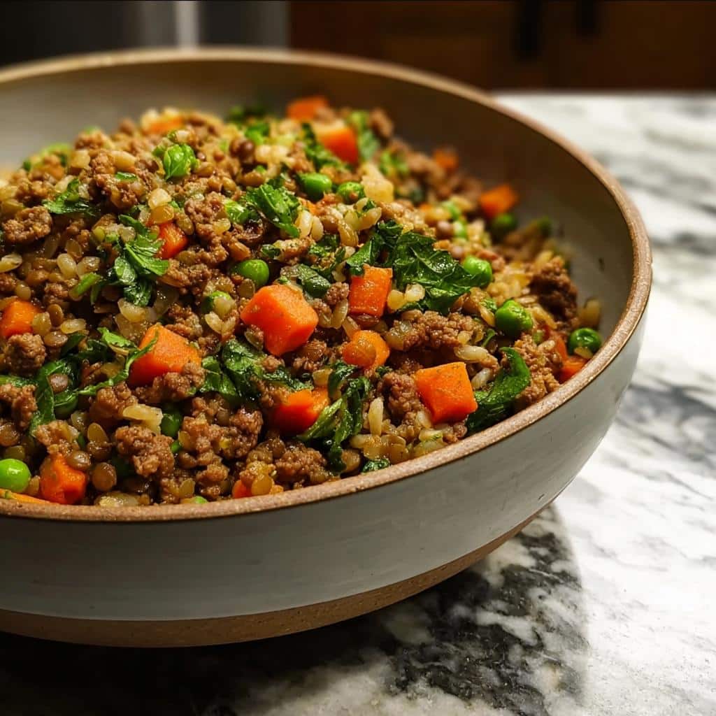A bowl filled with homemade Turkey, Lentils & Pumpkin dog food, featuring ground turkey, rice, lentils, peas, and carrots.