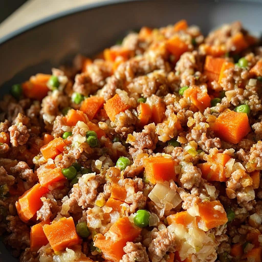Close-up of homemade Turkey Liver & Oatmeal Carrot Dog Food, featuring ground turkey, diced carrots, and peas.