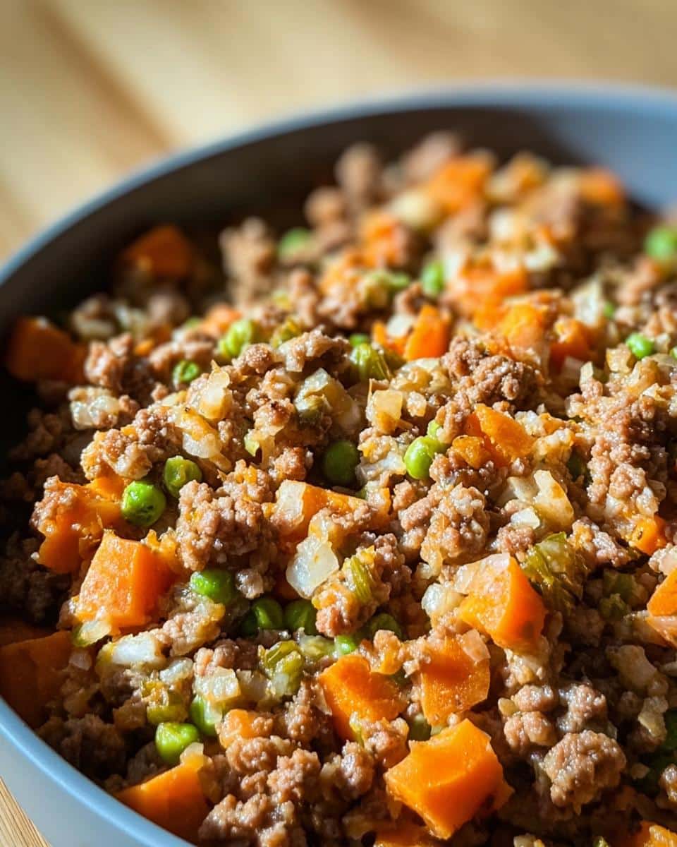 Close-up of a bowl filled with homemade Turkey Liver & Oatmeal Carrot Dog Food, showing ground turkey, diced carrots, peas, and oatmeal.