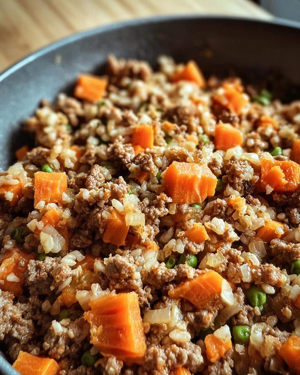 Close-up of homemade dog food featuring ground turkey liver, oatmeal, diced carrots, and peas in a bowl.