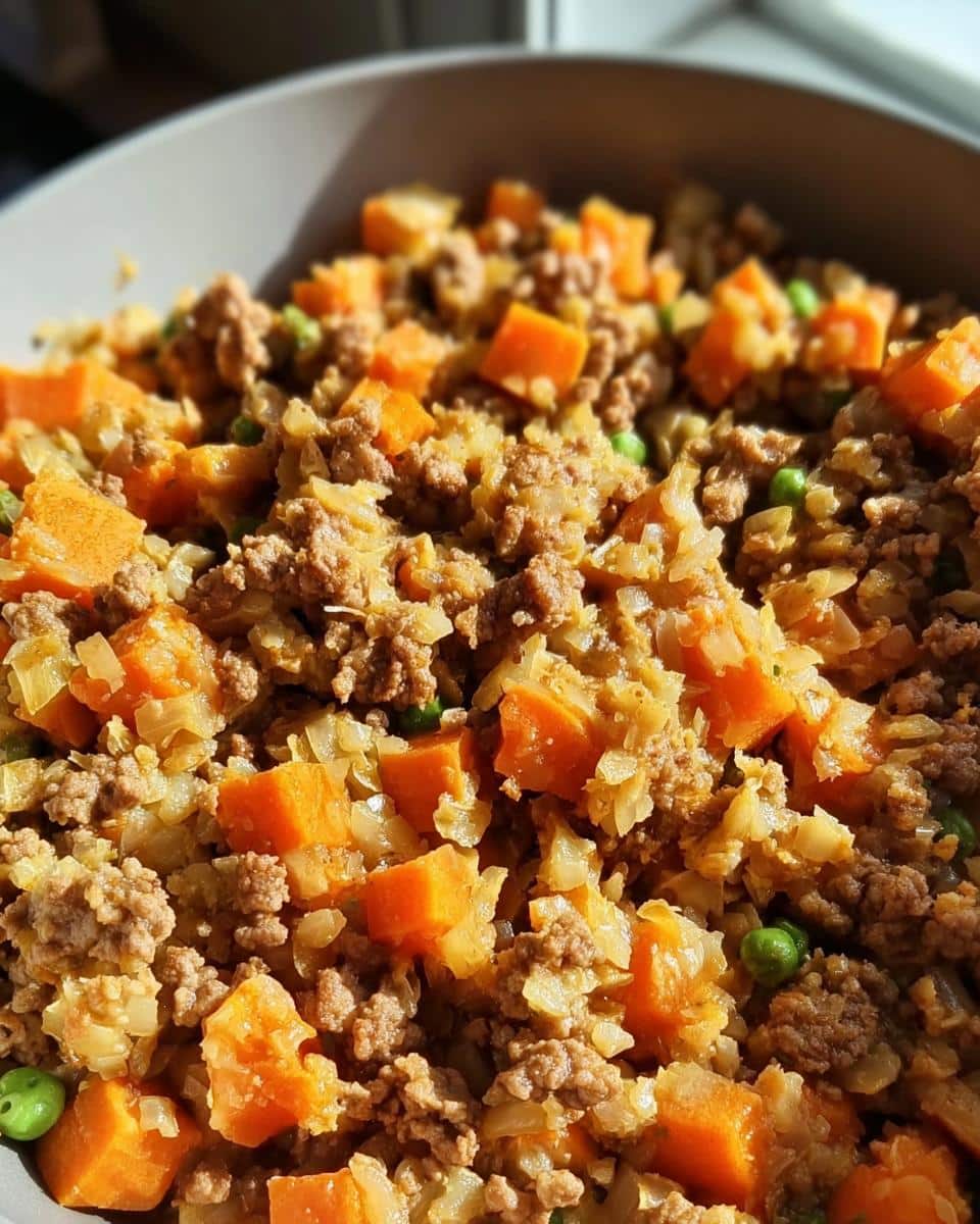 Close-up of Turkey Liver & Oatmeal Carrot Dog Food, showing ground meat, diced carrots, and peas.