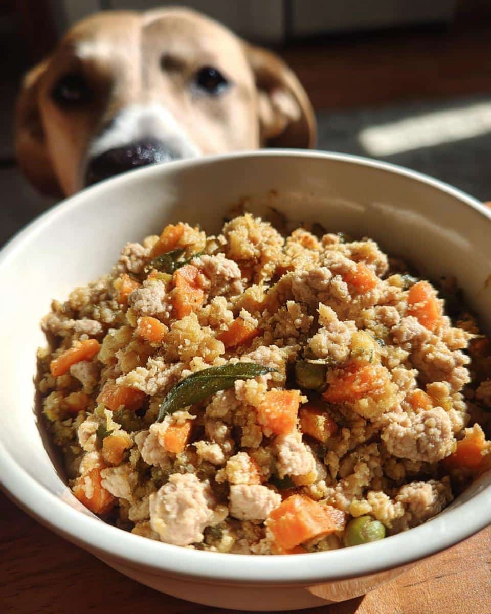 A bowl of homemade Turkey, Millet & Cauliflower Dog Food with a dog looking on.