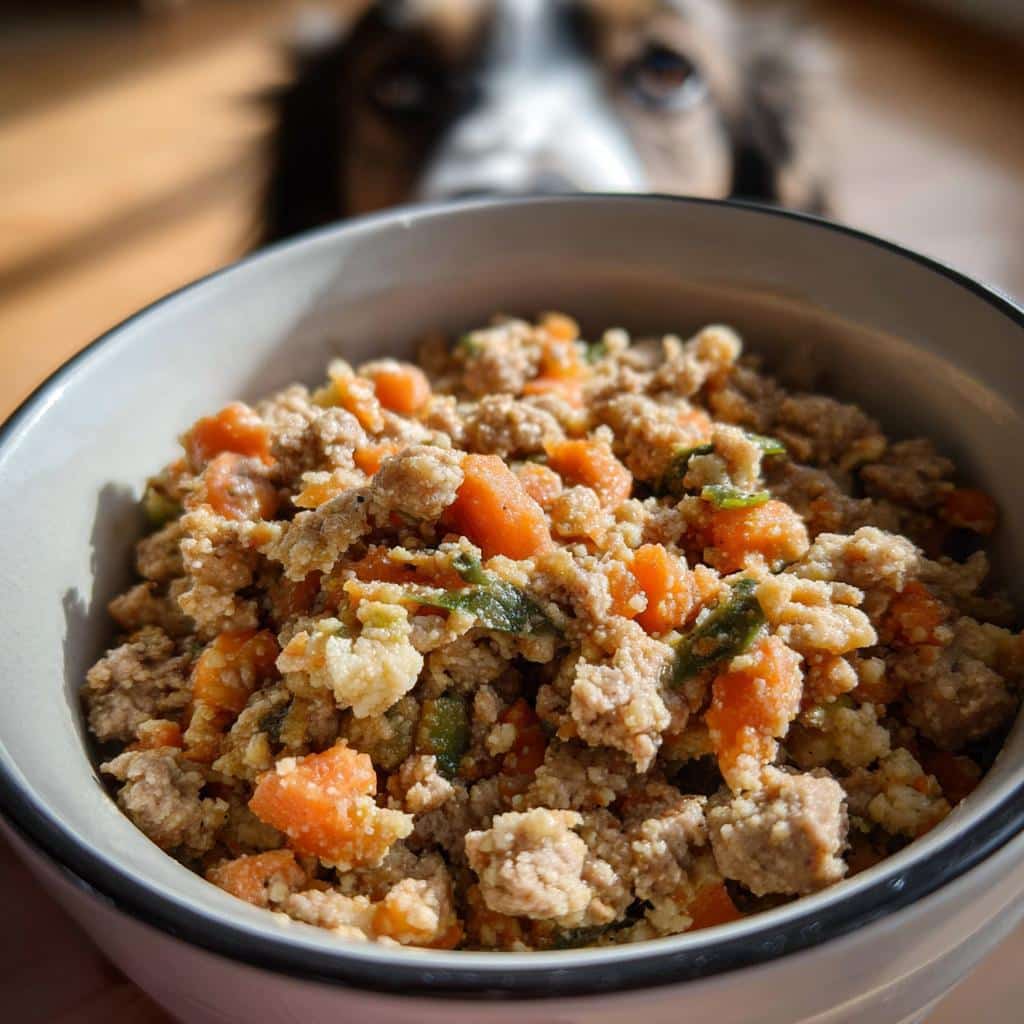 A close-up of a bowl filled with homemade Turkey, Millet & Cauliflower Dog Food, with a dog's eyes blurred in the background.