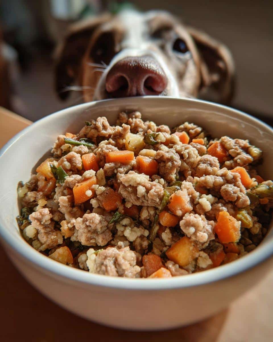 A bowl of homemade Turkey, Millet & Cauliflower Dog Food with a dog looking over the edge.
