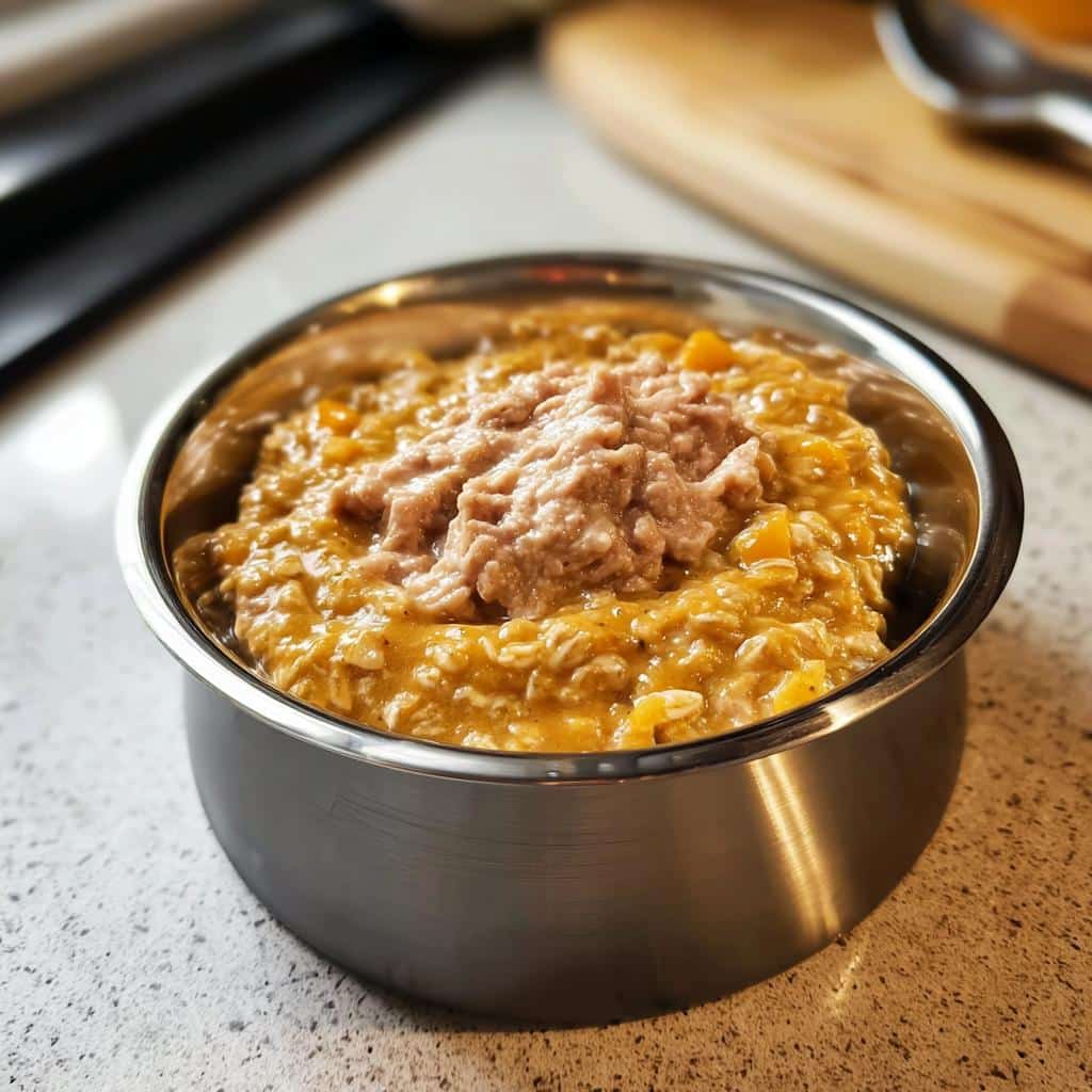A close-up of a metal bowl filled with homemade Turkey, Oats & Pumpkin Dog Food, showing the texture of the ingredients.