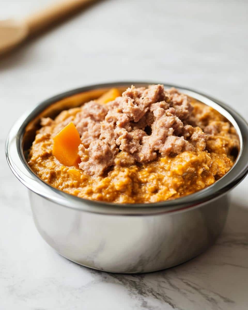 A close-up of a stainless steel bowl filled with homemade Turkey, Oats & Pumpkin Dog Food, topped with minced turkey and pumpkin chunks.