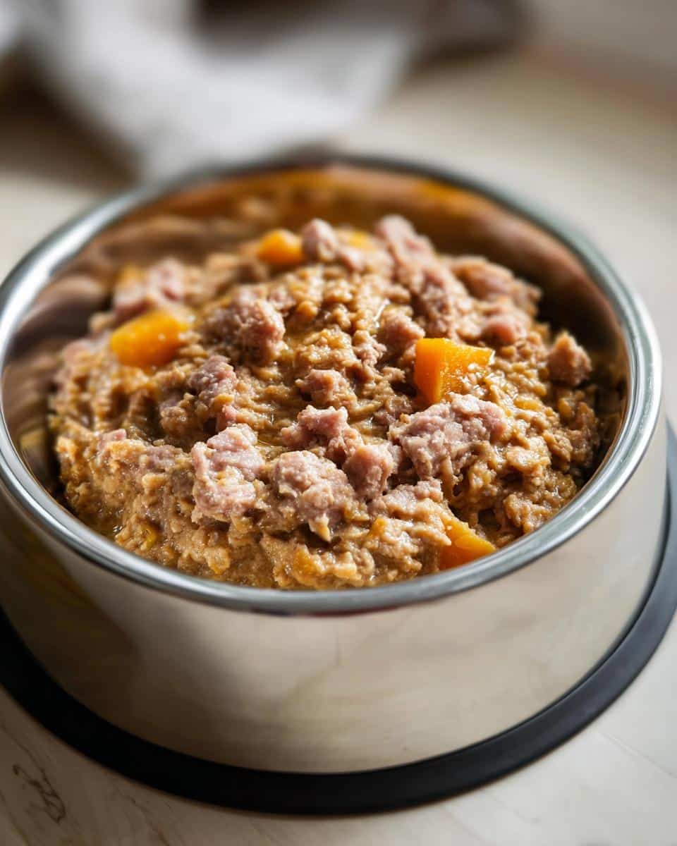 Close-up of Turkey, Oats & Pumpkin Dog Food in a stainless steel bowl, showing chunks of pumpkin and ground turkey.