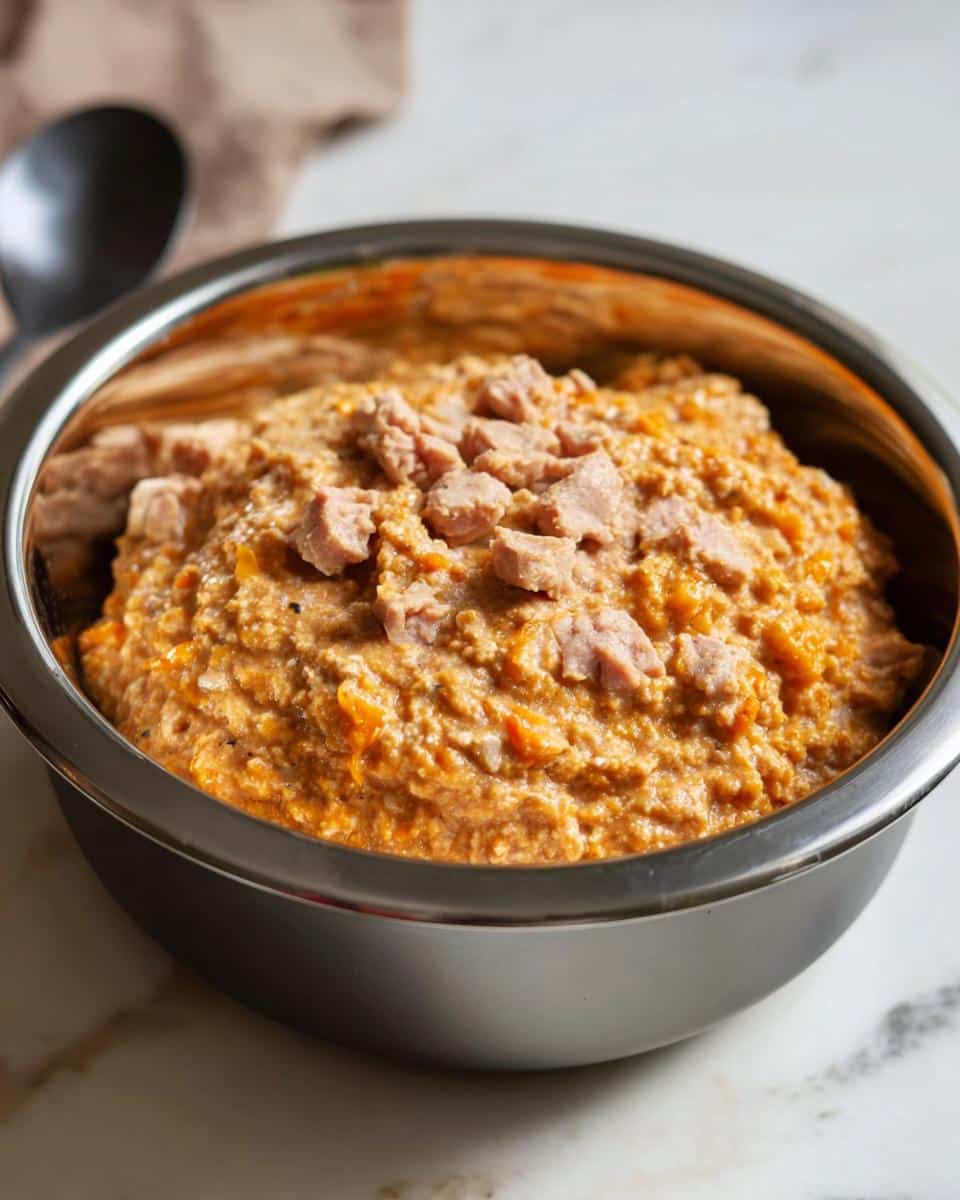 A close-up of homemade Turkey, Oats & Pumpkin Dog Food served in a stainless steel bowl, topped with small pieces of turkey.