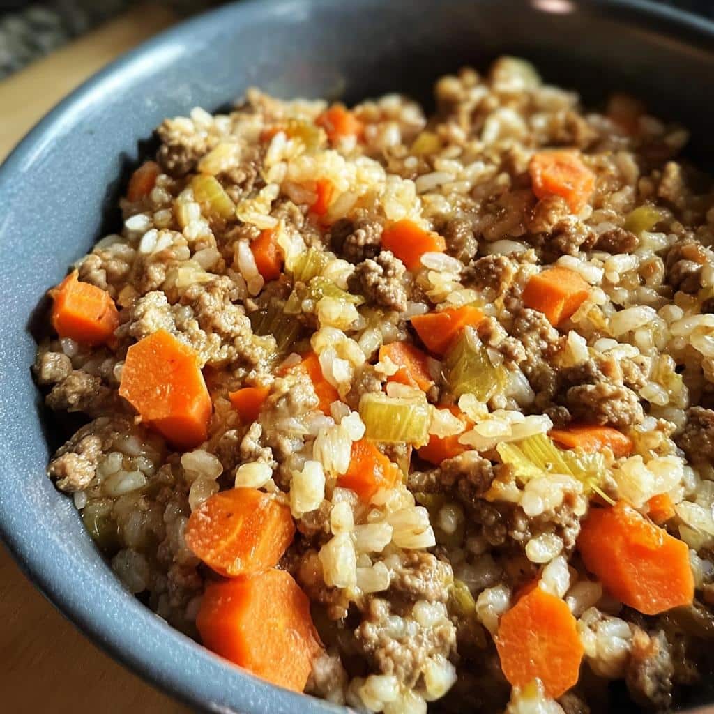 A close-up shot of homemade Venison, Millet & Carrots Dog Food in a bowl, showing ground venison, diced carrots, and millet.