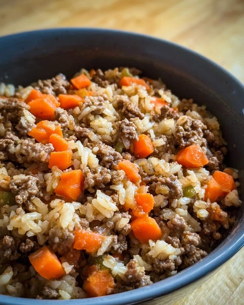 Close-up of homemade Venison, Millet & Carrots Dog Food in a bowl, showing ground venison, cooked millet, and diced carrots.