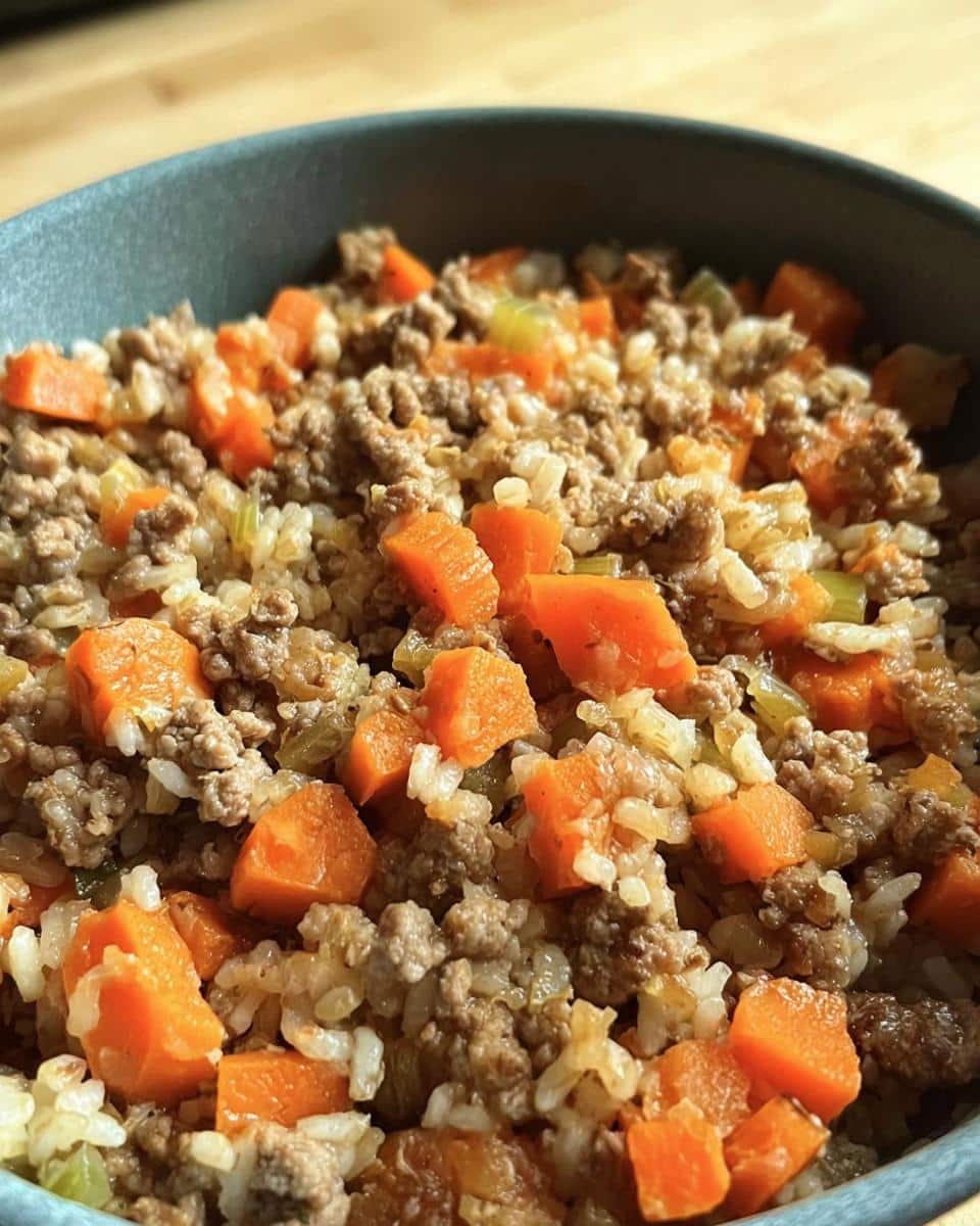 Close-up of homemade Venison, Millet & Carrots Dog Food in a bowl, showing ground venison, cooked millet, and diced carrots.