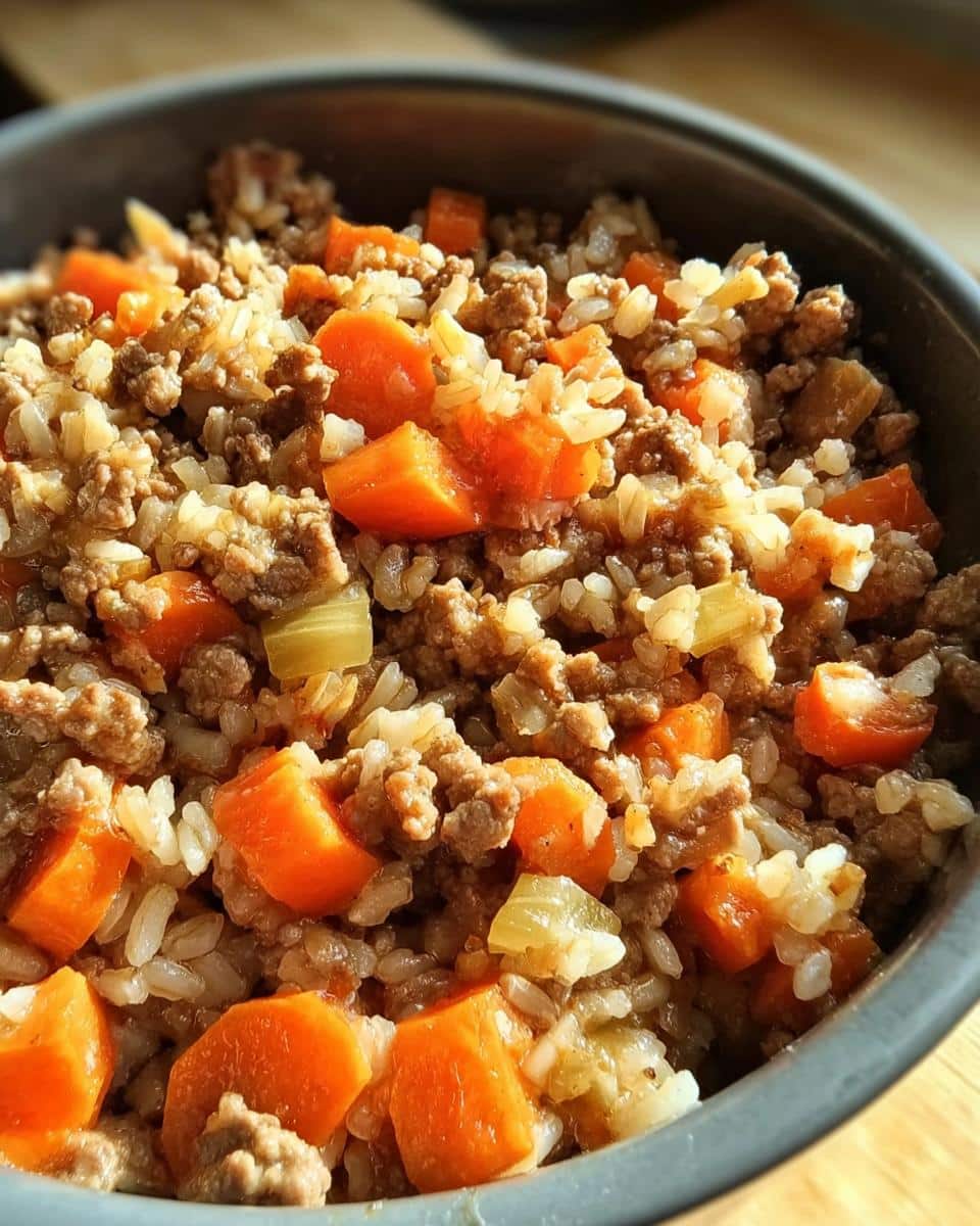 Close-up of a bowl filled with homemade Venison, Millet & Carrots Dog Food, showing ground venison, diced carrots, and cooked millet.