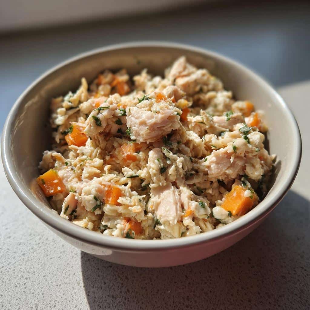 A bowl of homemade dog food featuring white fish, oats, pumpkin, and herbs.