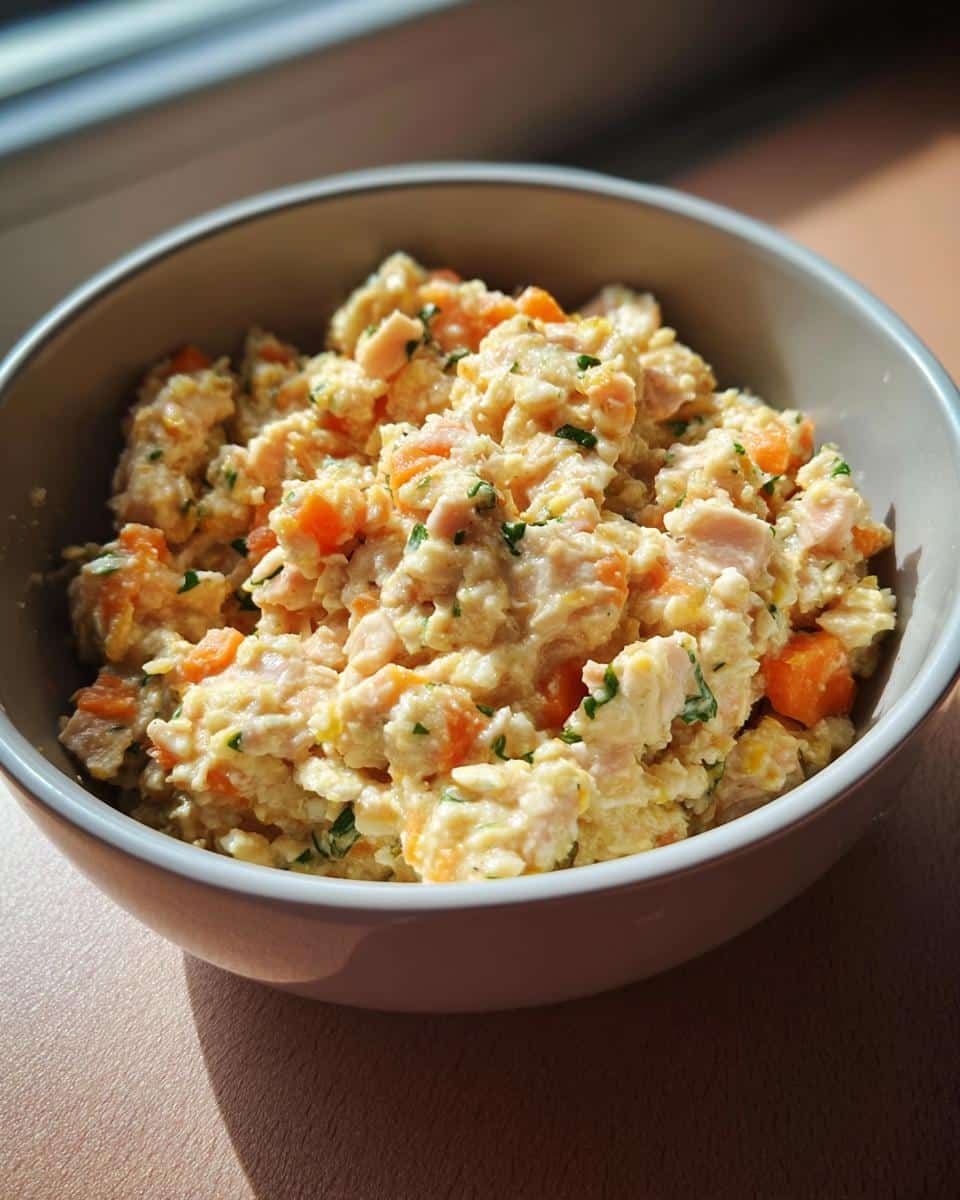 Close-up of homemade White Fish, Oats & Pumpkin Dog Food in a bowl, showing chunks of fish, carrots, and herbs.