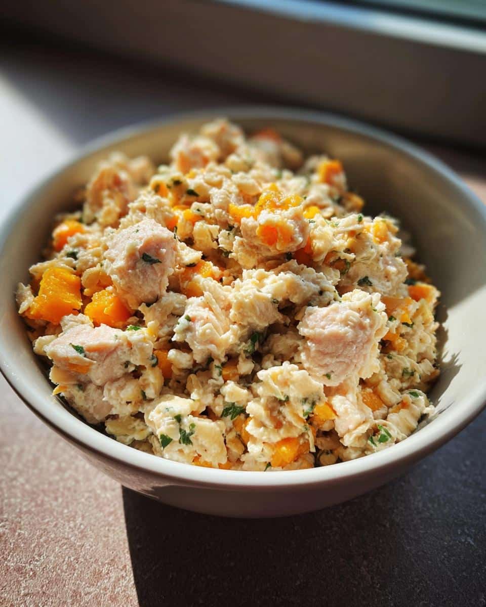 A close-up of a bowl filled with homemade White Fish, Oats & Pumpkin Dog Food, showing chunks of fish and pumpkin.