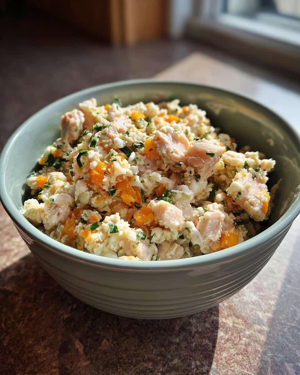 A bowl of homemade White Fish, Oats & Pumpkin Dog Food, with visible chunks of fish, pumpkin, and herbs.